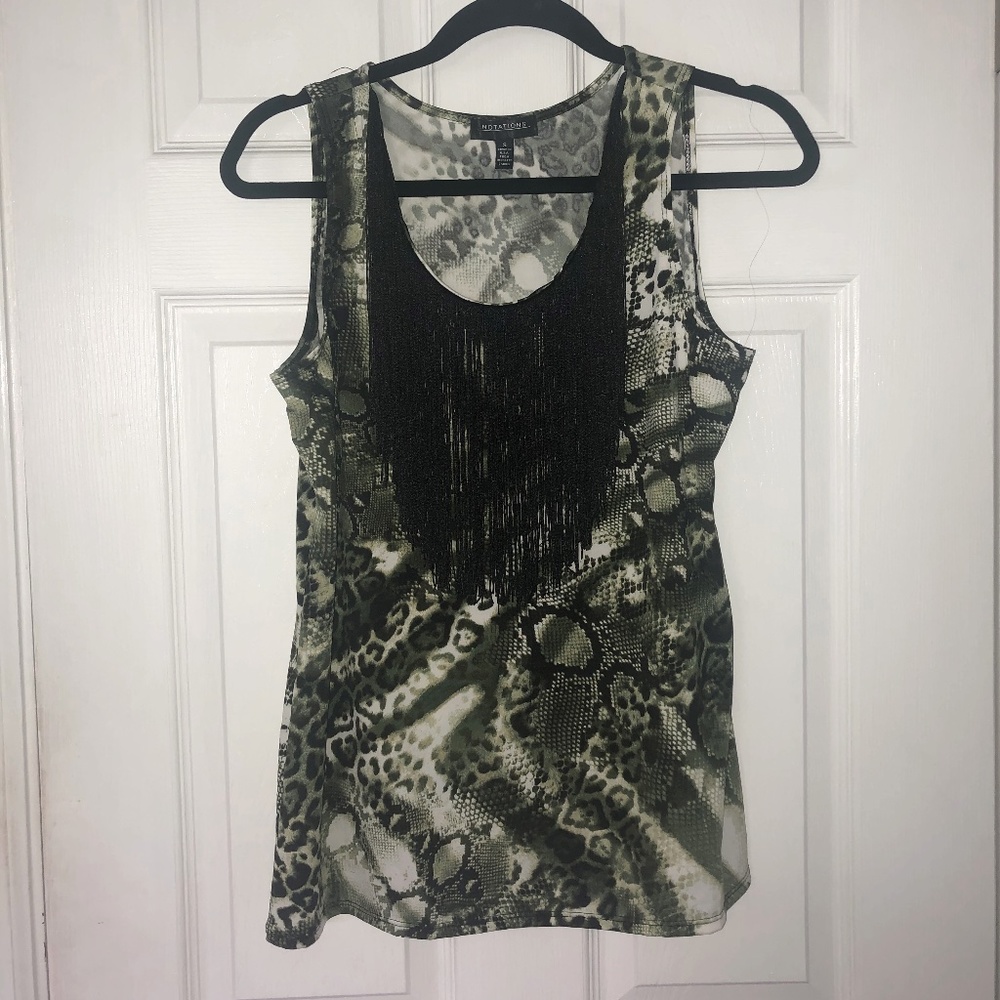 Animal Print Tank-Top with Black Fringe